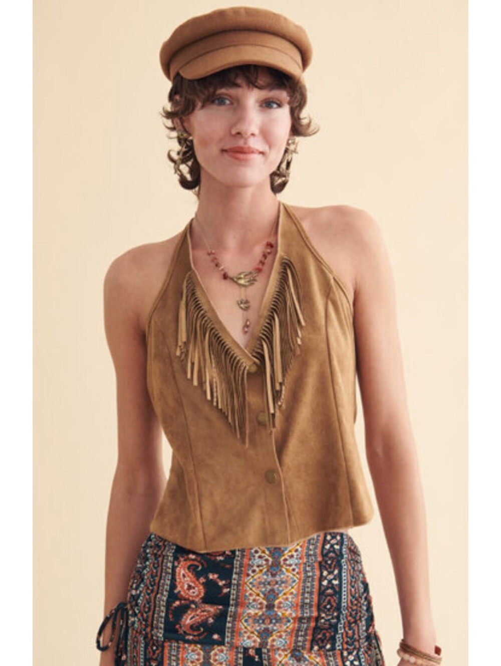 Earthbound Trading Co Halter Brown Faux Suede Fringe Western Top Boho Size S NWT